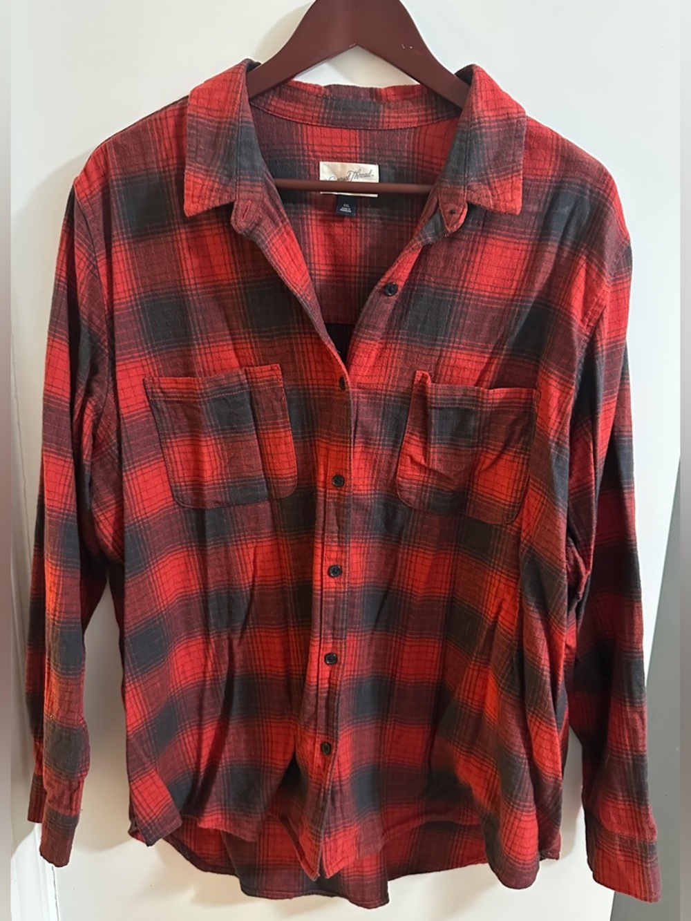 Universal Thread Red and Dark Grey Flannel Plaid Women’s Button-Down Shirt